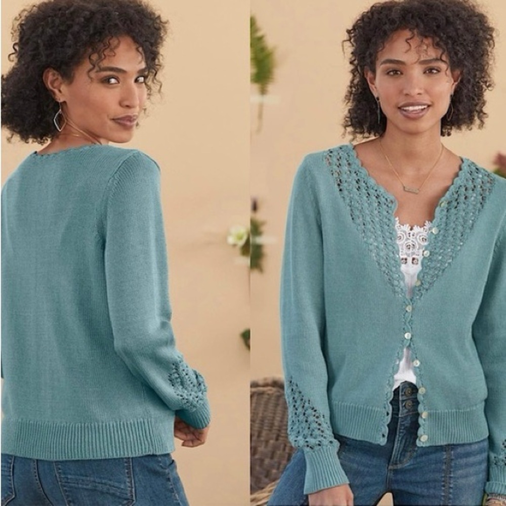 Sundance Cardigan Dover Pointelle Knit Dusty Blue Teal buttoned Cardi sweater